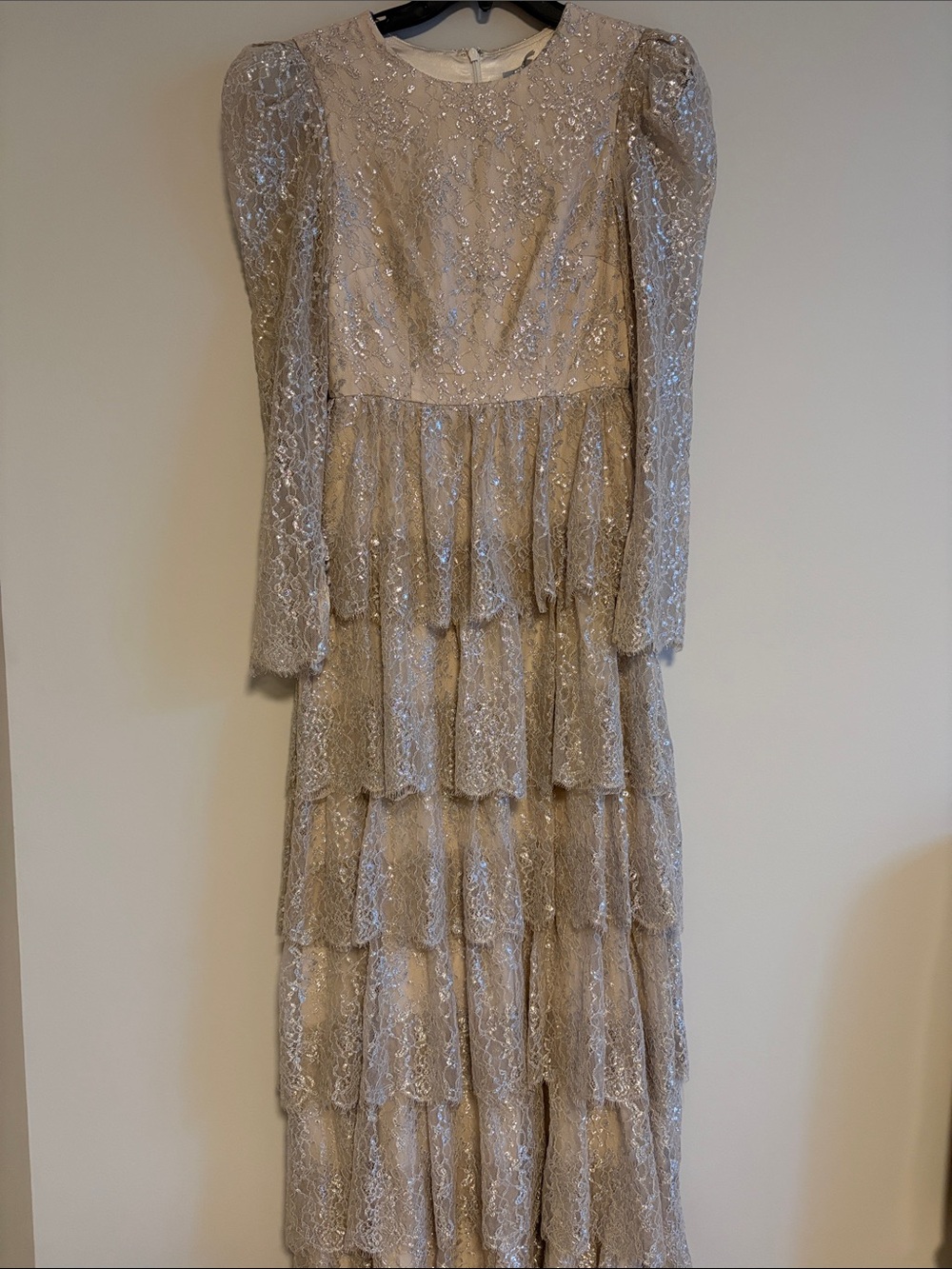 ANTONIO MELANI Champagne Lace Tiered Long-Sleeve Gown